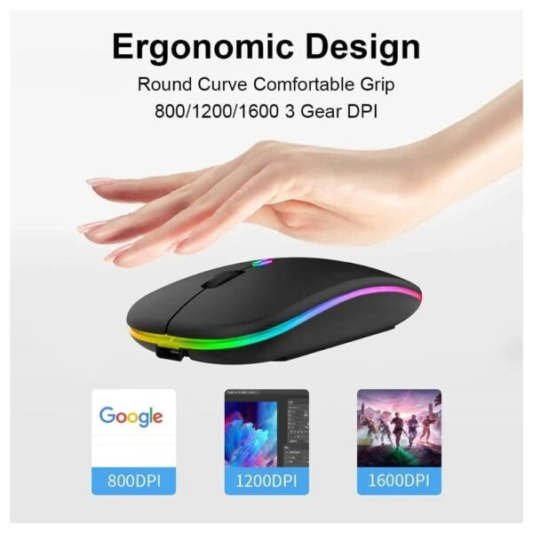 Rechargeable Wireless RGB Mouse – Silent Click, Adjustable 800/1200/1600 DPI, Ergonomic USB Mouse for Laptop, PC & Mac