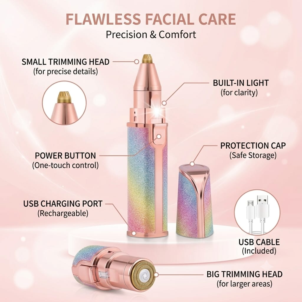 2-in-1 Rechargeable Eyebrow & Facial Hair Remover for Women | Painless Precision Trimmer with LED Light & USB Charging