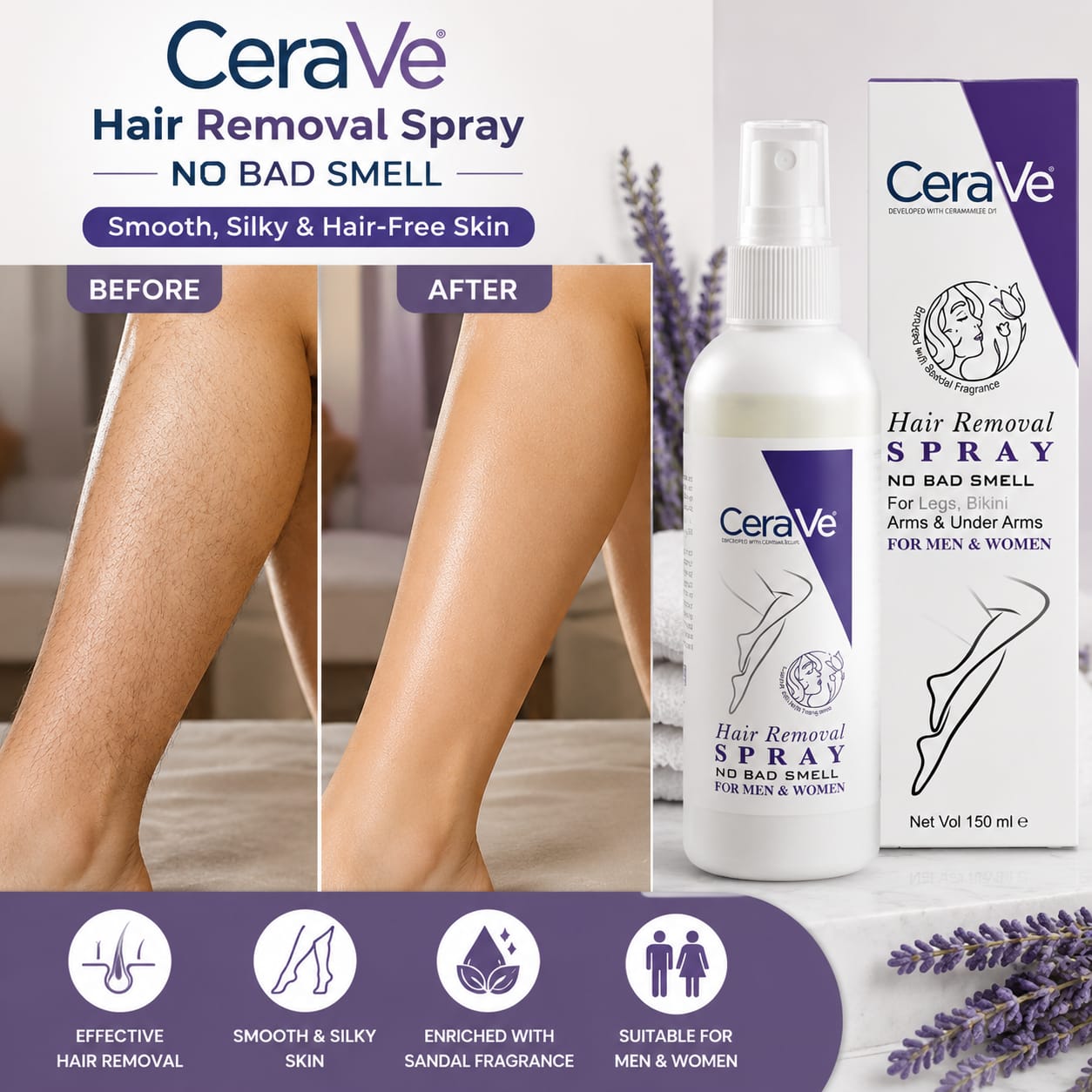 CeraVe Hair Removal Spray - Gentle Body Hair Eliminator Smooth Skin Depilatory Formula Easy Spray Skincare Product For Men And Women - 150ML